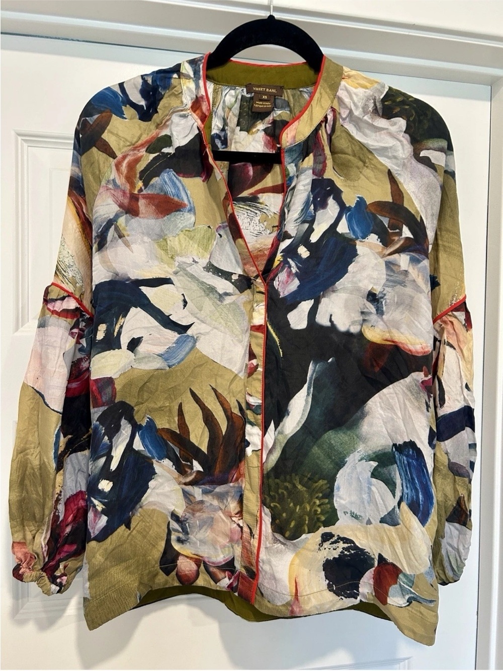 Anthropologie Vineet Bahl Retro Print Floral Silk Blouse Top Size Extra Small